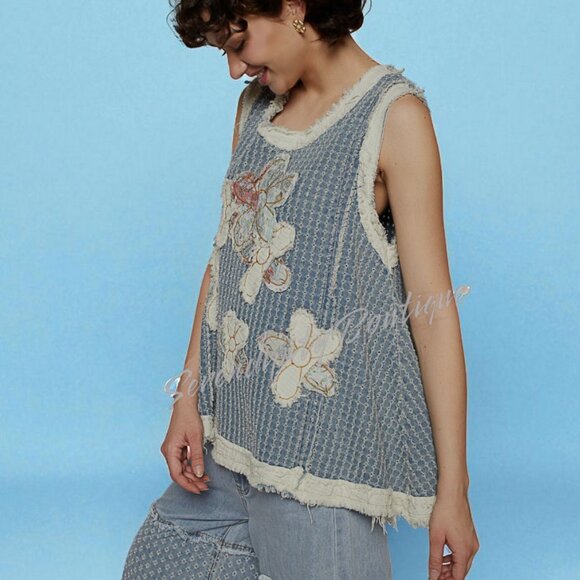 POL Slouchy Frayed Floral Patchwork Baggy Sleeveless Drapery 100% Cotton Jean To - Picture 5 of 11